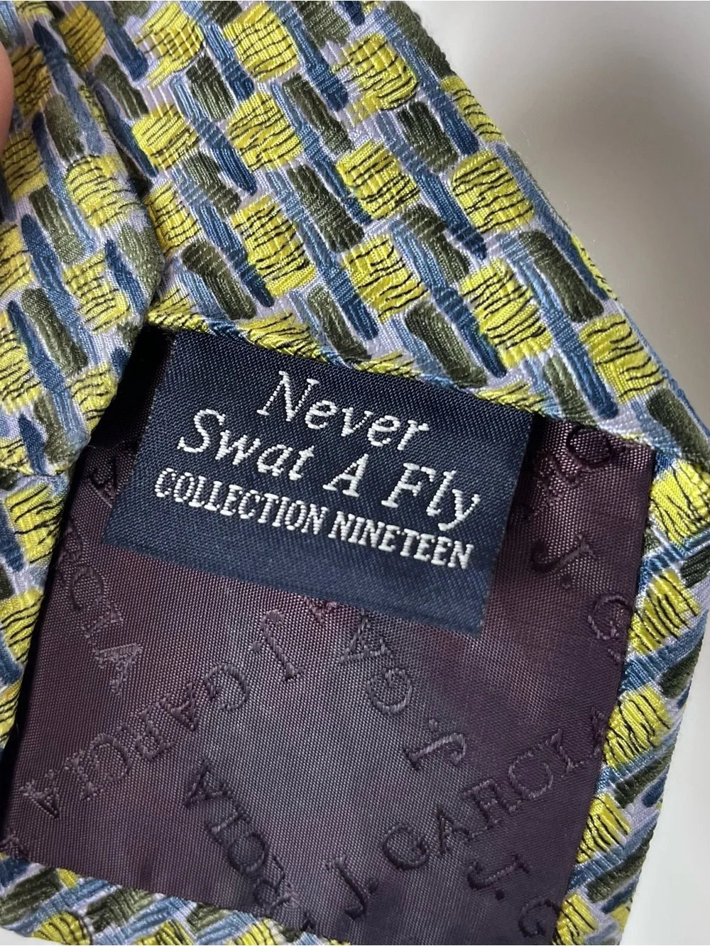 J Garcia Vintage Silk Tie Never Swat A Fly Patterned‎ Yellow and Blue Woven